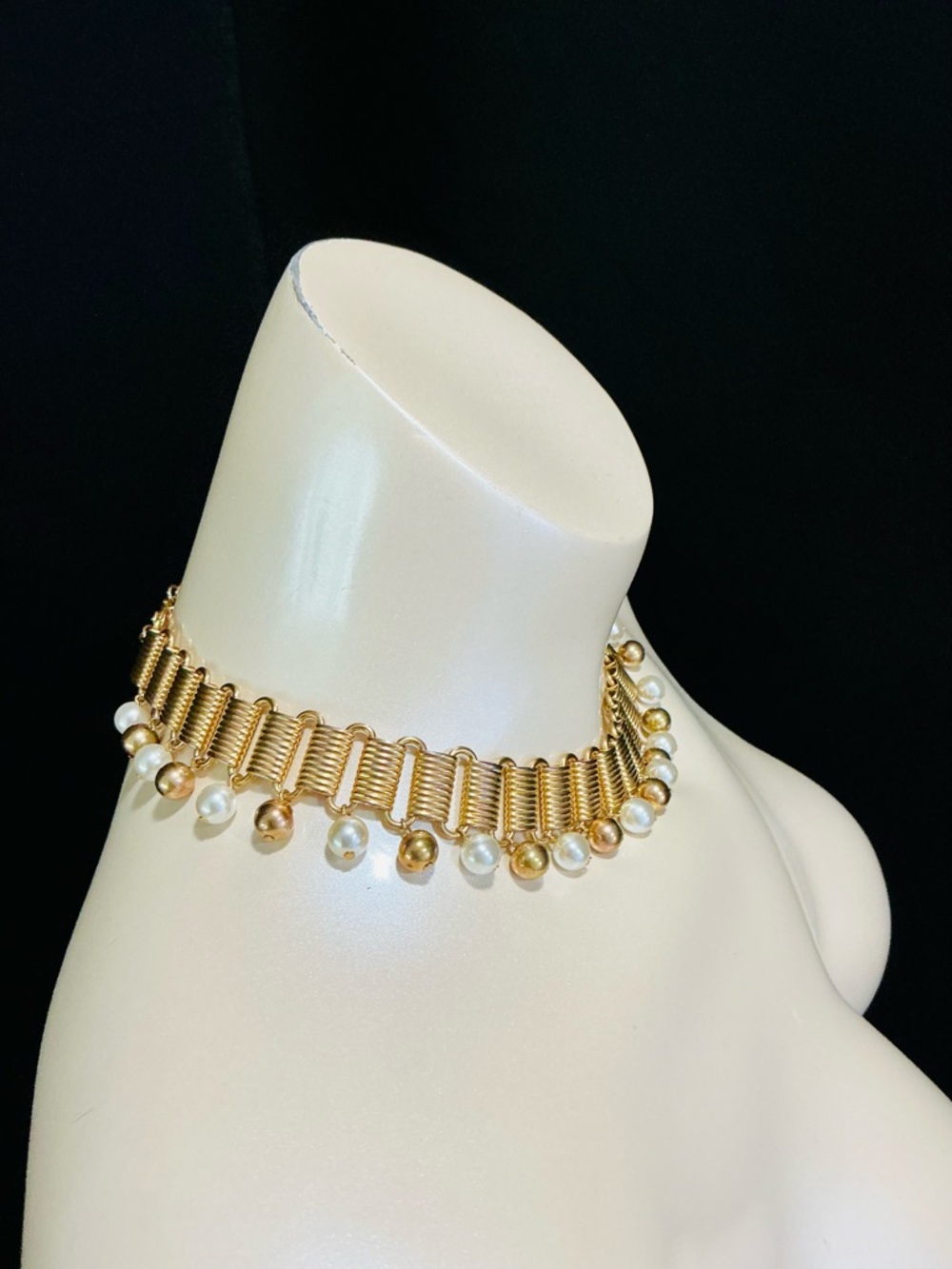 VTG QVC Gold & Pearl Fringe Choker Necklace Casual Cocktail Bib Collar Lightwe - Picture 2 of 14